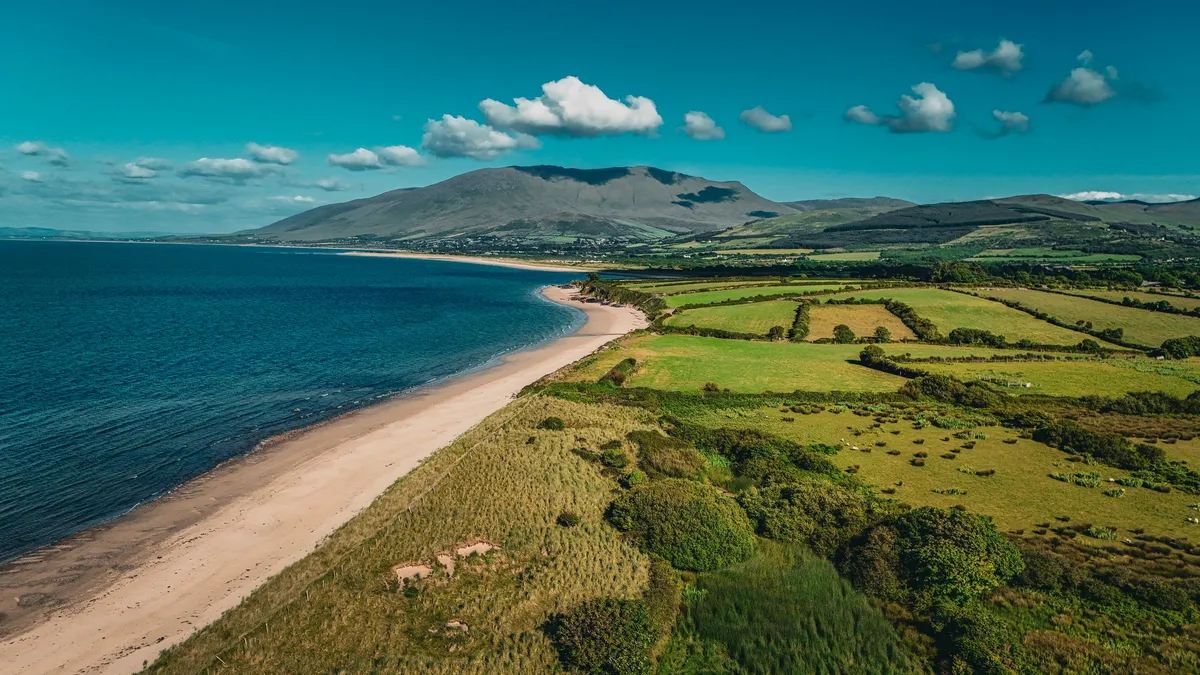 Castlegregory beach and the green fields behind it, from the air