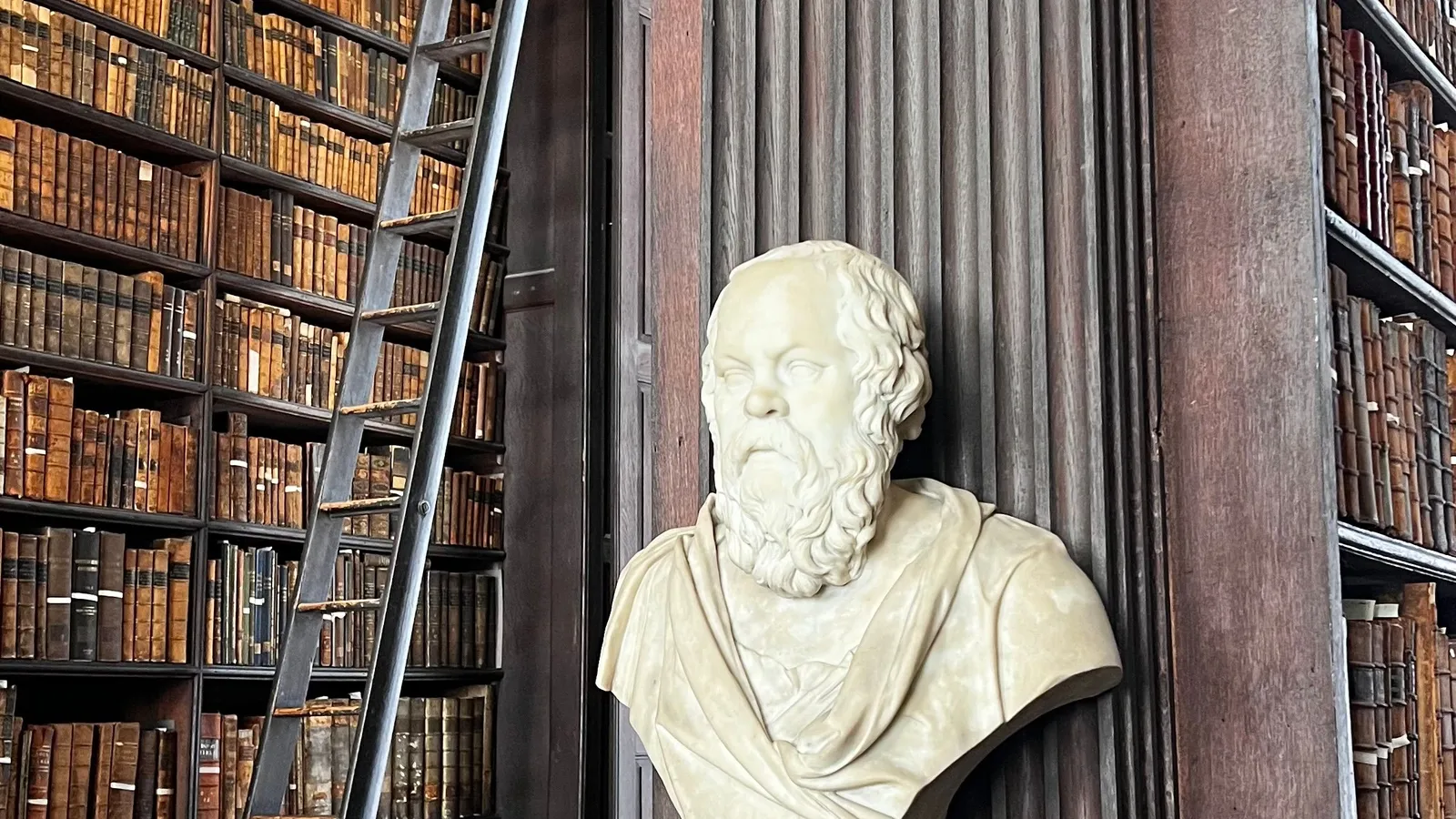 A marble bust between the bookshelves of the Long Room at Trinity College