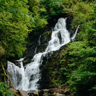 Torc Waterfall falling through the woods in Killarney National Park