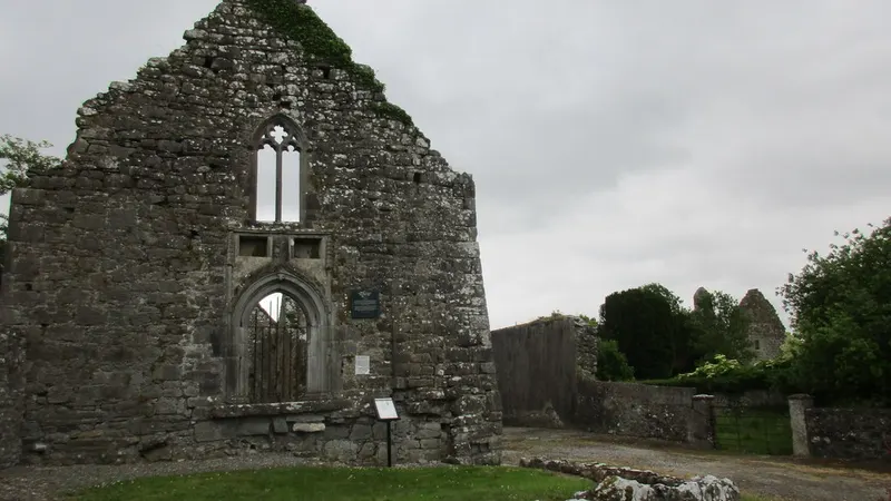 The gabled west front and doorway of the ruined church at Lorrha