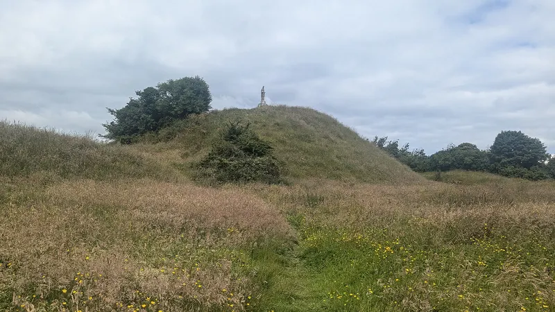 The grassed Norman motte at Granard with the statue of St Patrick on its summit