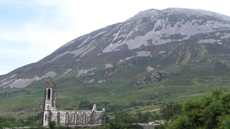 Mount Errigal rising behind the ruined church at Dunlewey