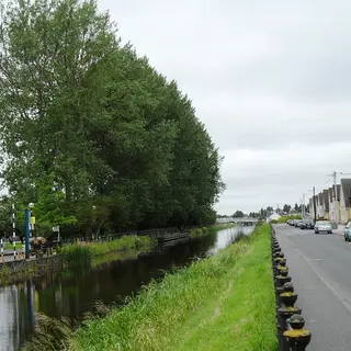 The Grand Canal running beside the road and the houses at Tullamore