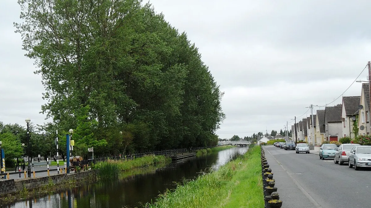 The Grand Canal running beside the road and the houses at Tullamore