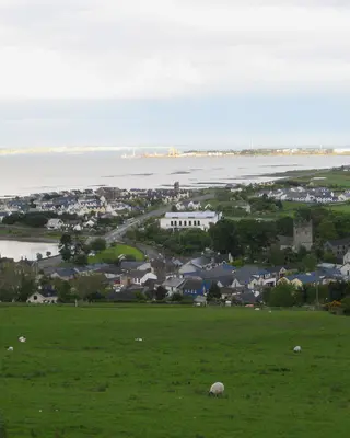 Green fields sloping down to Carlingford town on the lough