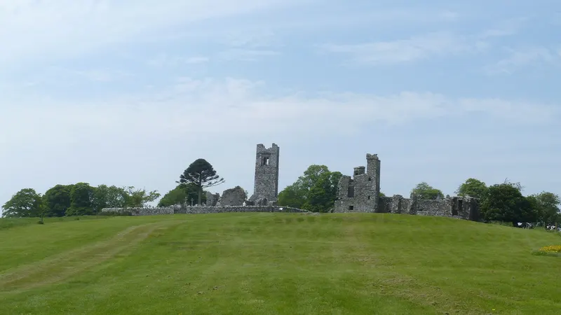 The ruined church and tower on the open summit of the Hill of Slane