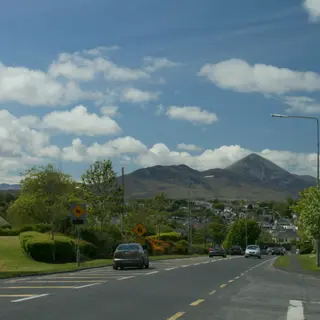 The road into Westport with the cone of Croagh Patrick on the skyline