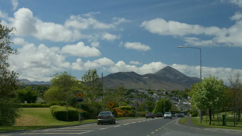 The road into Westport with the cone of Croagh Patrick on the skyline