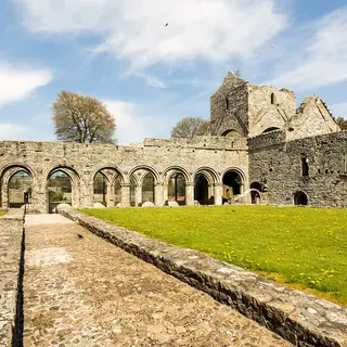 The cloister of Boyle Abbey with its round arches and the tower behind