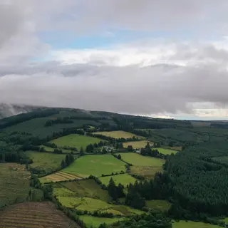 Patchwork fields and forestry running up into the Slieve Bloom Mountains under cloud