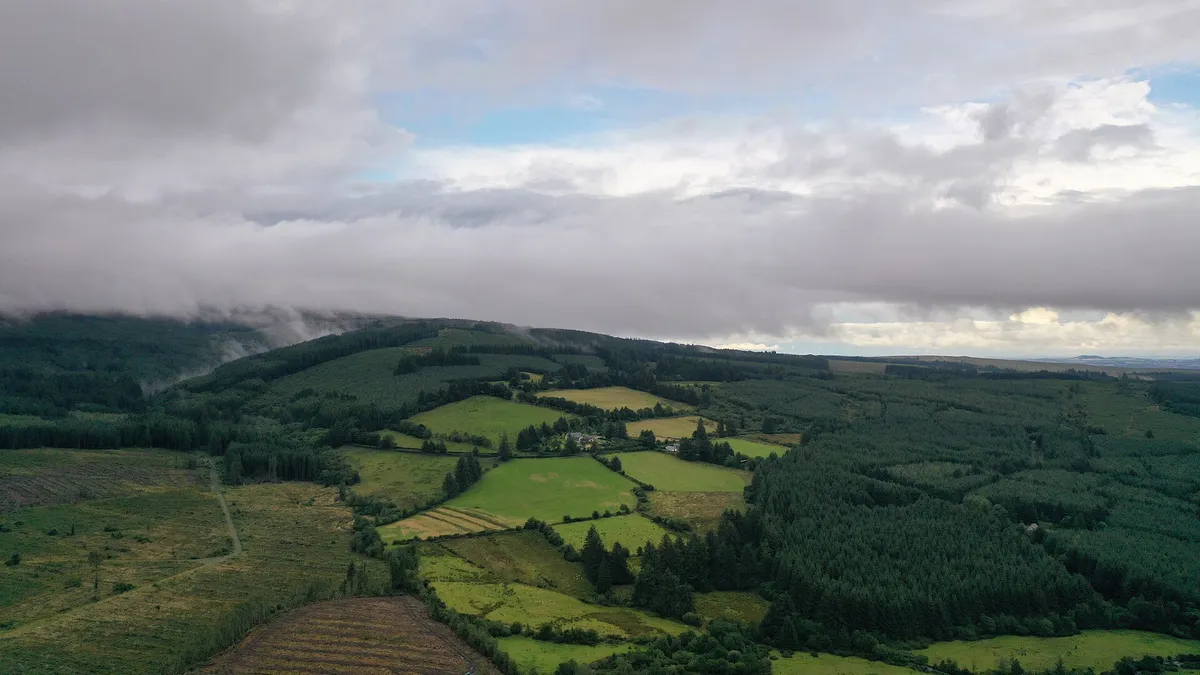 Patchwork fields and forestry running up into the Slieve Bloom Mountains under cloud