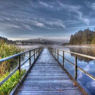 A timber boardwalk running out across Castle Lake through the reeds in morning mist