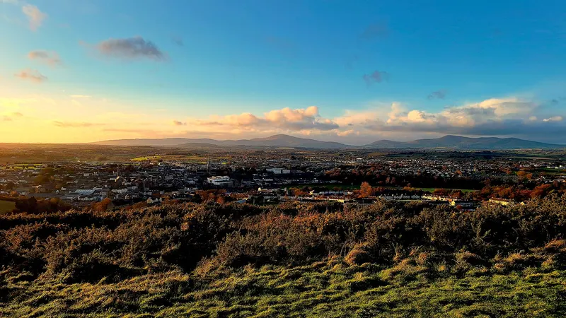 The view from Vinegar Hill at dawn out over the fields and the town below