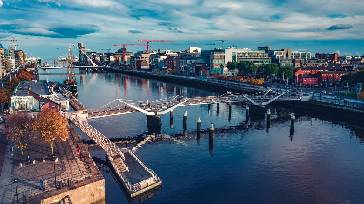 The Liffey running through Dublin with the bridges and the city around it
