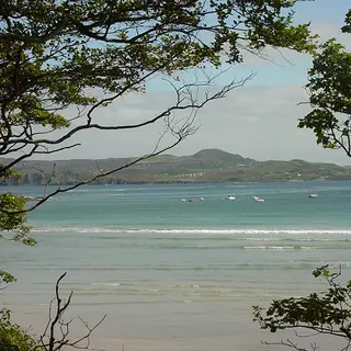 Marble Hill Beach and the green water of Sheephaven Bay framed by trees