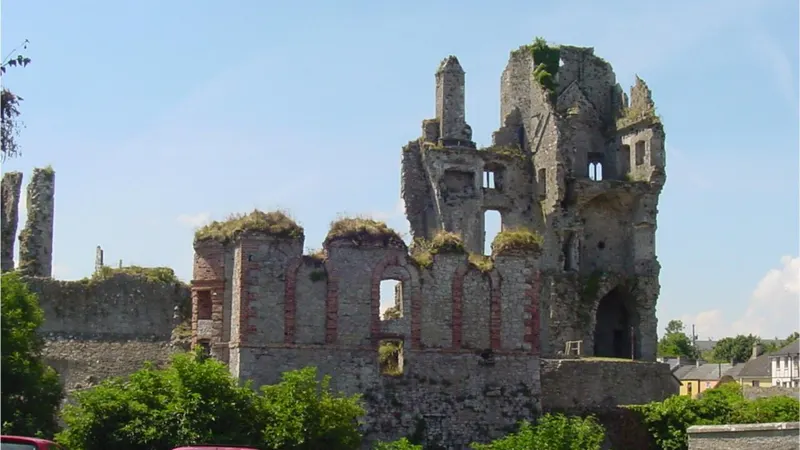 The broken towers and walls of Askeaton Castle above the village