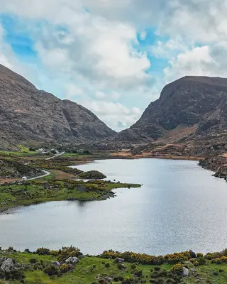The Gap of Dunloe cutting between the mountains, seen from the air