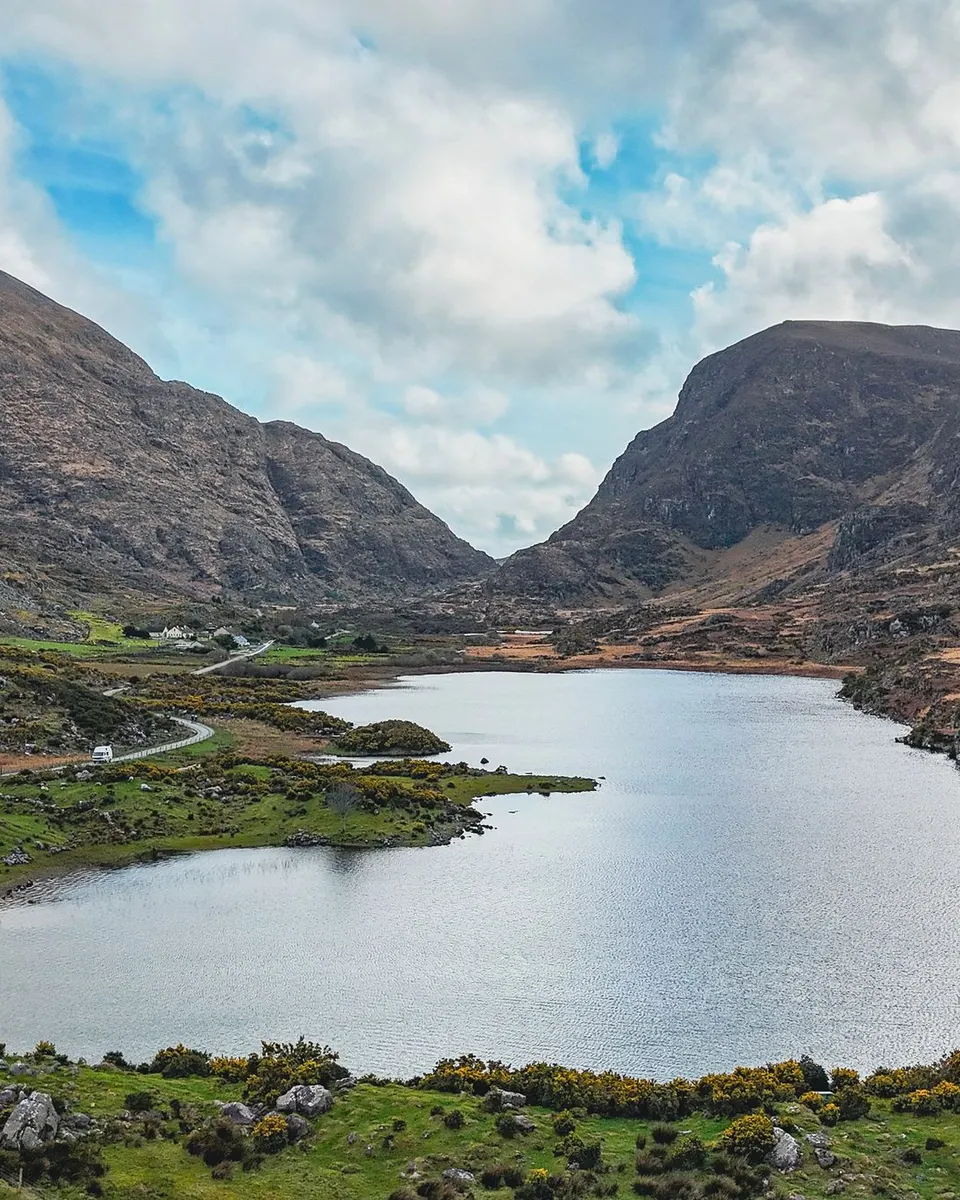 The Gap of Dunloe cutting between the mountains, seen from the air