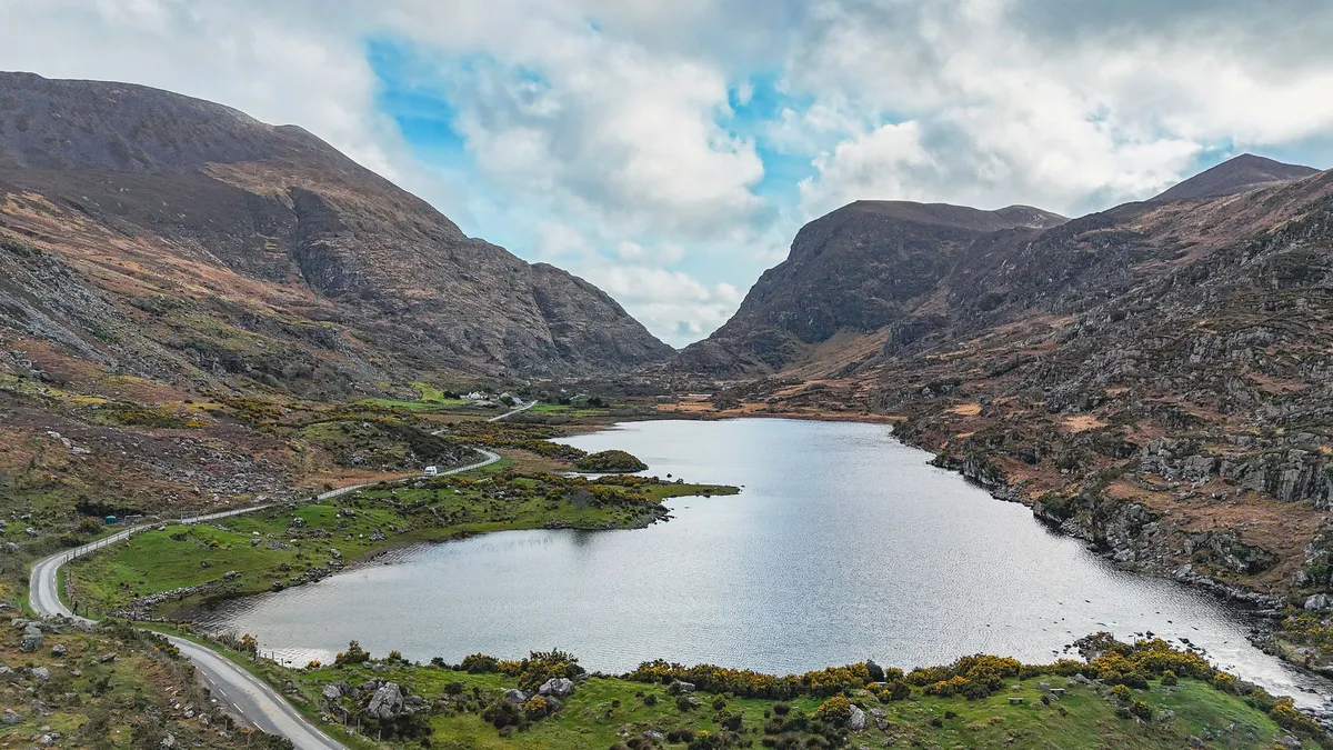 The Gap of Dunloe cutting between the mountains, seen from the air