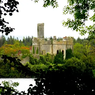 The castle on Castle Island in Lough Key seen through the trees from the shore