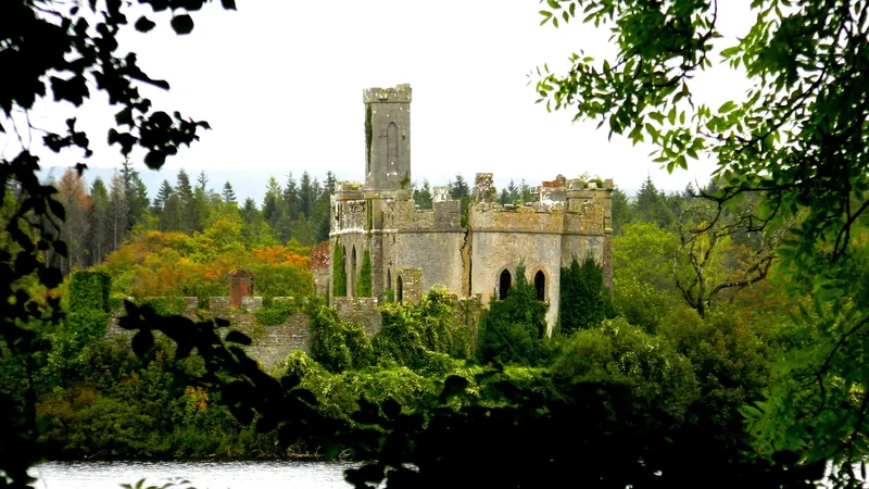 The castle on Castle Island in Lough Key seen through the trees from the shore