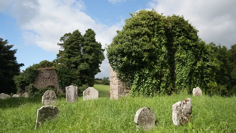 Headstones and the ivied ruin of the old church at Errigal Truagh