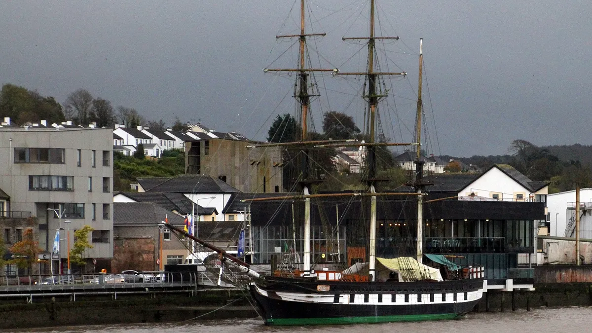 The Dunbrody famine ship replica tied up on the quay at New Ross
