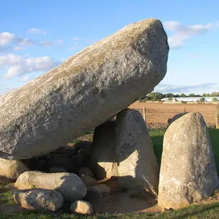 The huge tilted granite capstone of Brownshill Portal Dolmen resting on its uprights in a field