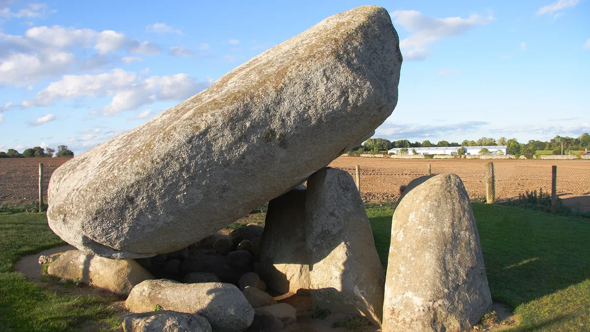 The huge tilted granite capstone of Brownshill Portal Dolmen resting on its uprights in a field