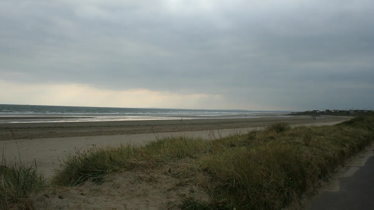 Wet sand, dunes and a flat grey sea at Clogherhead