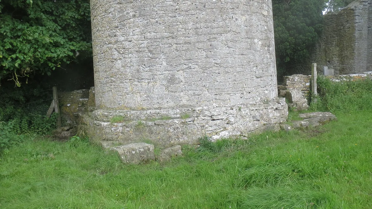 The base of the round tower at Kilree with the church ruin beside it in long grass