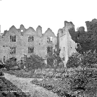 The roofless ruin of Athlumney Castle in black and white