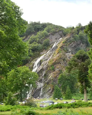 Powerscourt Waterfall falling down the wooded hillside to the grass below