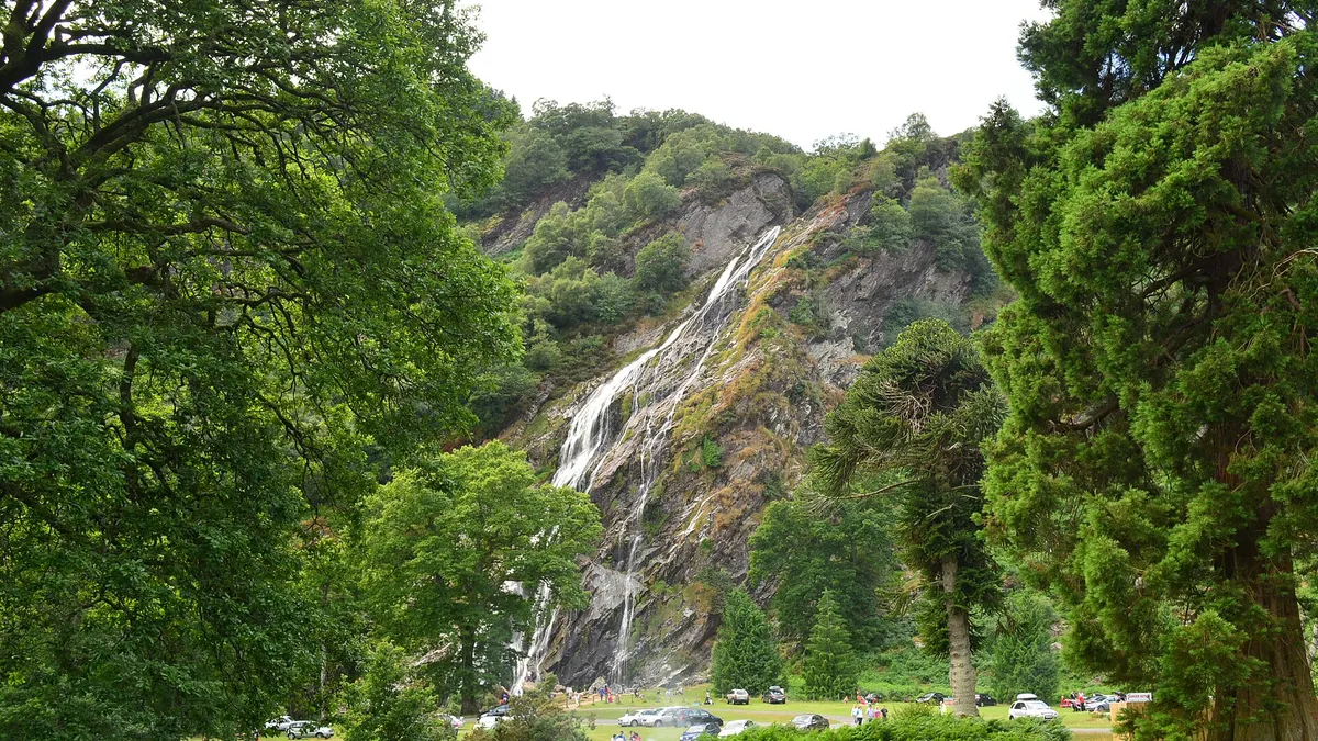 Powerscourt Waterfall falling down the wooded rock face