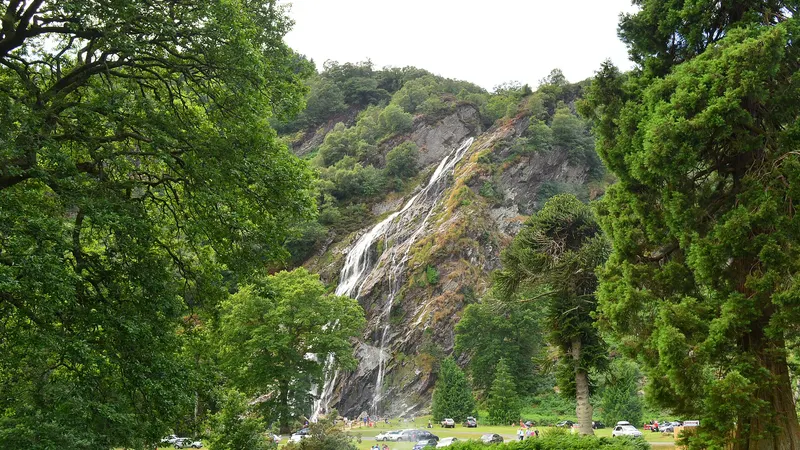 Powerscourt Waterfall falling down the wooded rock face