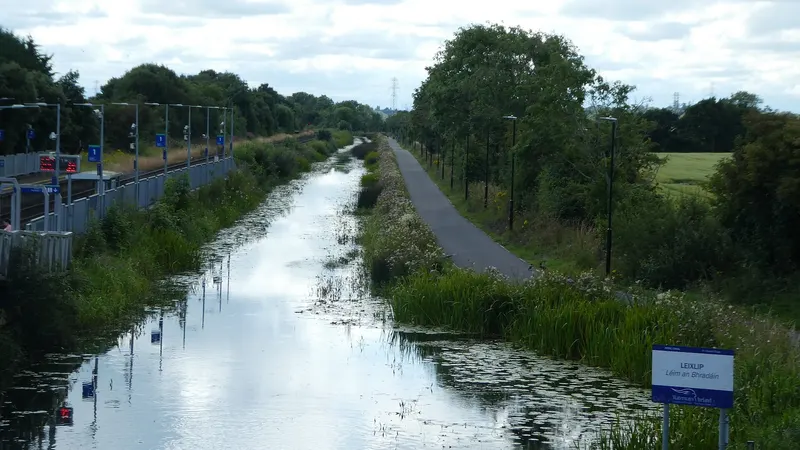 The Royal Canal and its towpath running out of Leixlip, County Kildare