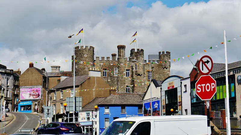 Enniscorthy Castle above the street with its flags flying