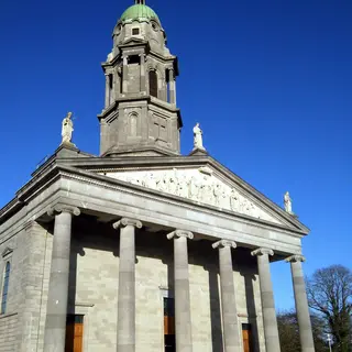 The columned portico and statues on the front of St Mel's Cathedral in Longford