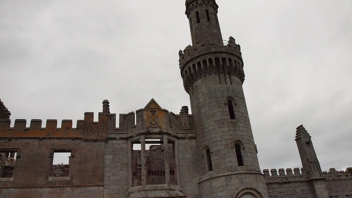 The burnt out turrets and towers of Duckett's Grove against a grey sky