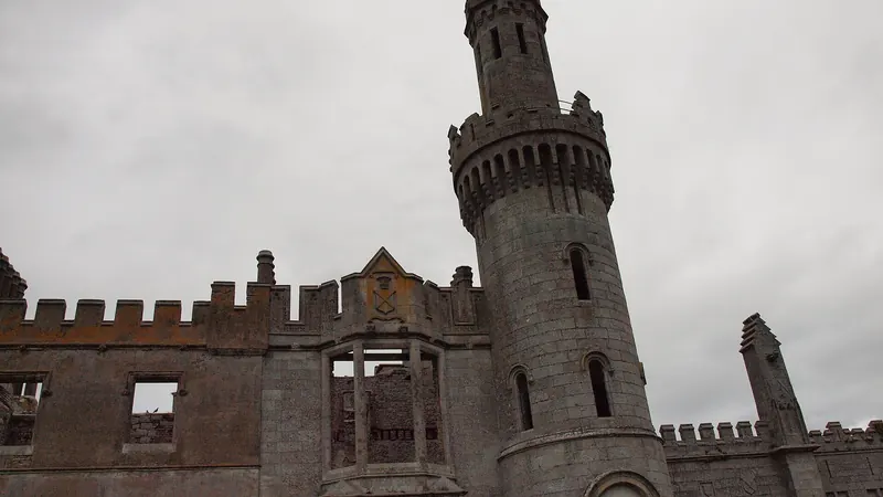 The burnt out turrets and towers of Duckett's Grove against a grey sky