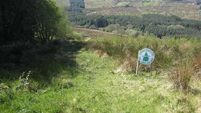 A waymarker standing in rough grass on the Miner's Way above the valley