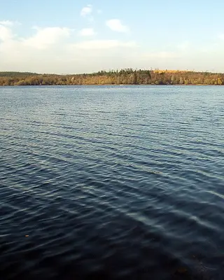 Open water and autumn woodland on the shore of Lough Oughter