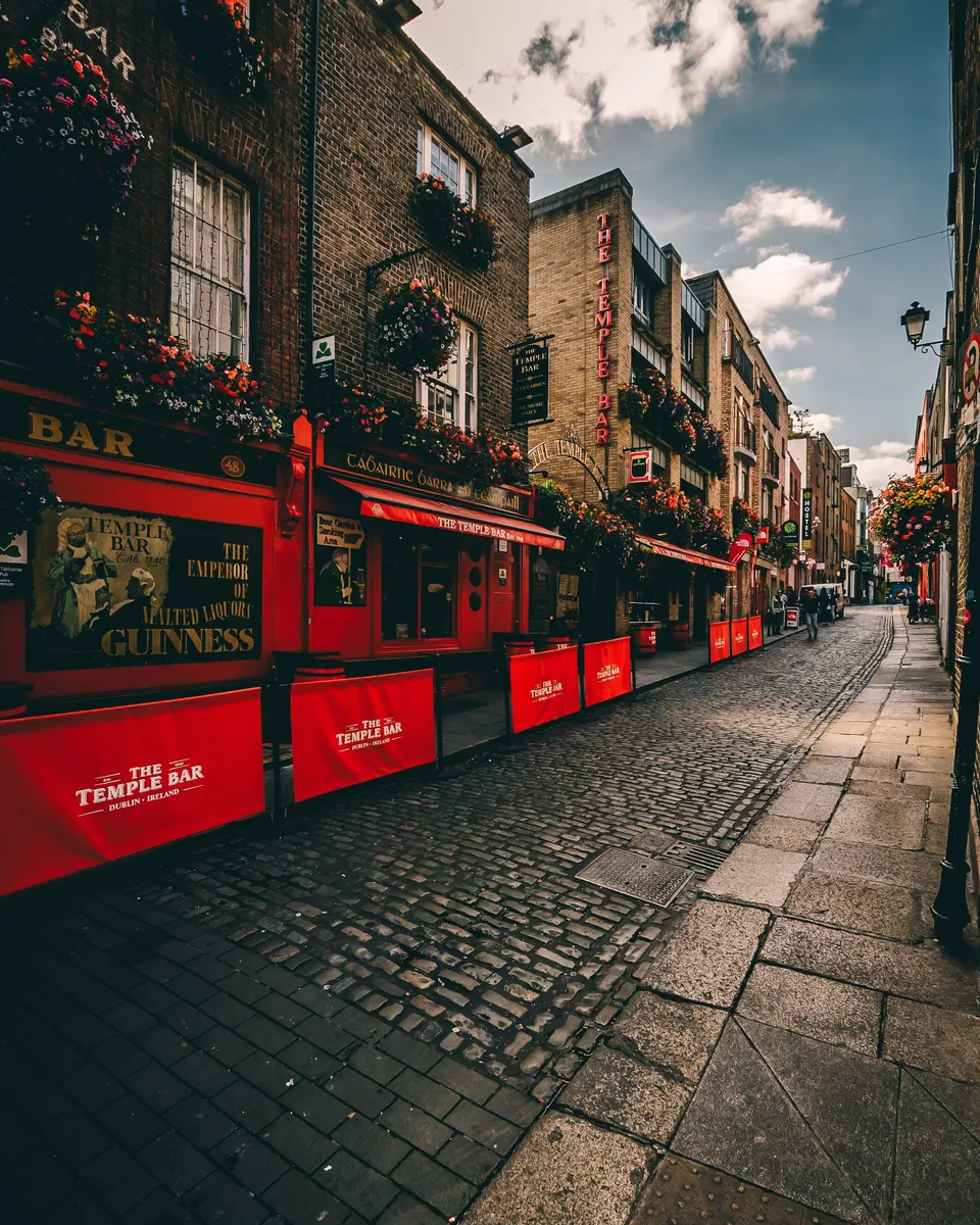 A cobbled street of pubs in Temple Bar