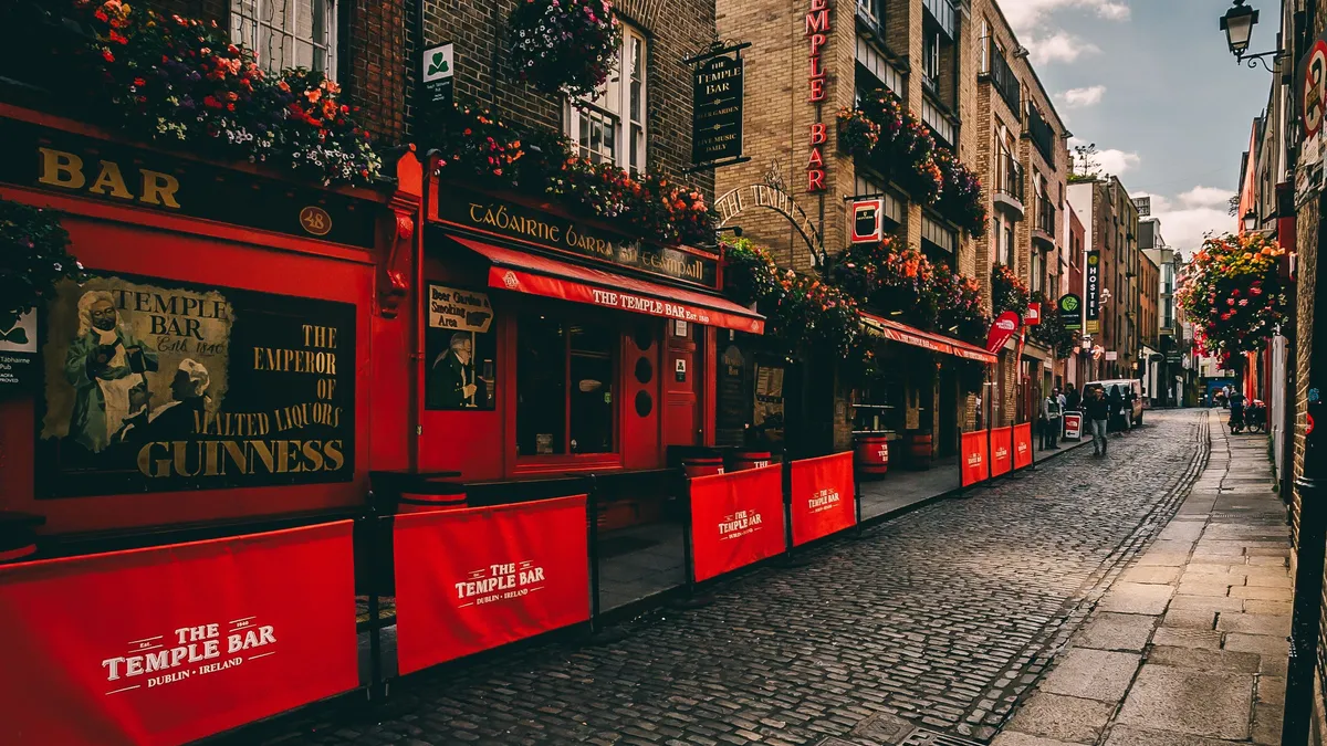 A cobbled street of pubs in Temple Bar