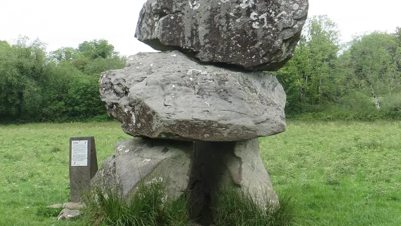 The capstone and uprights of the portal tomb at Aughnacliffe, County Longford