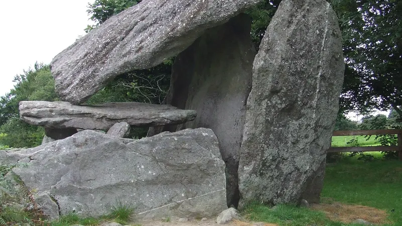 The long capstone of Kilmogue Portal Tomb leaning back on its uprights