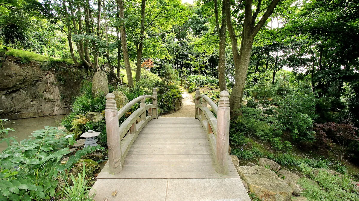 A timber bridge over the stream in the Lafcadio Hearn Japanese Gardens, Tramore