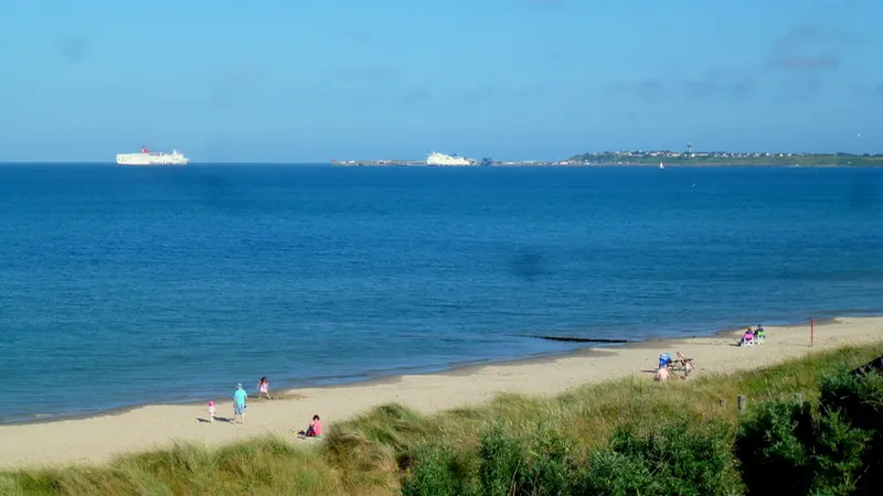 The beach at Rosslare Strand with a ferry on the horizon