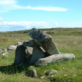 The capstone of Kilclooney Dolmen tilted on its uprights in open bogland