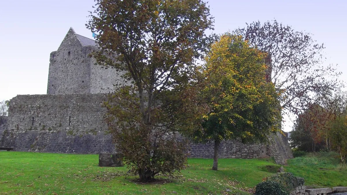The Norman keep of Athenry Castle behind its lawn and an autumn tree